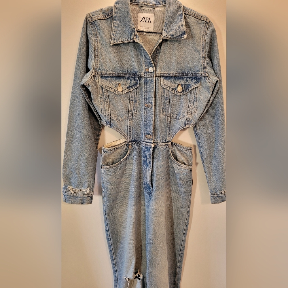 Bloggers Fav Zara Limited Edition Cut Out Side Distressed Denim Jumpsuit - S - Picture 6 of 11